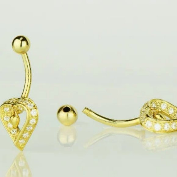 14K Solid Gold CZ Dangle Heart Navel Belly Button Ring Aretes del Ombligo en Oro - Picture 1 of 6